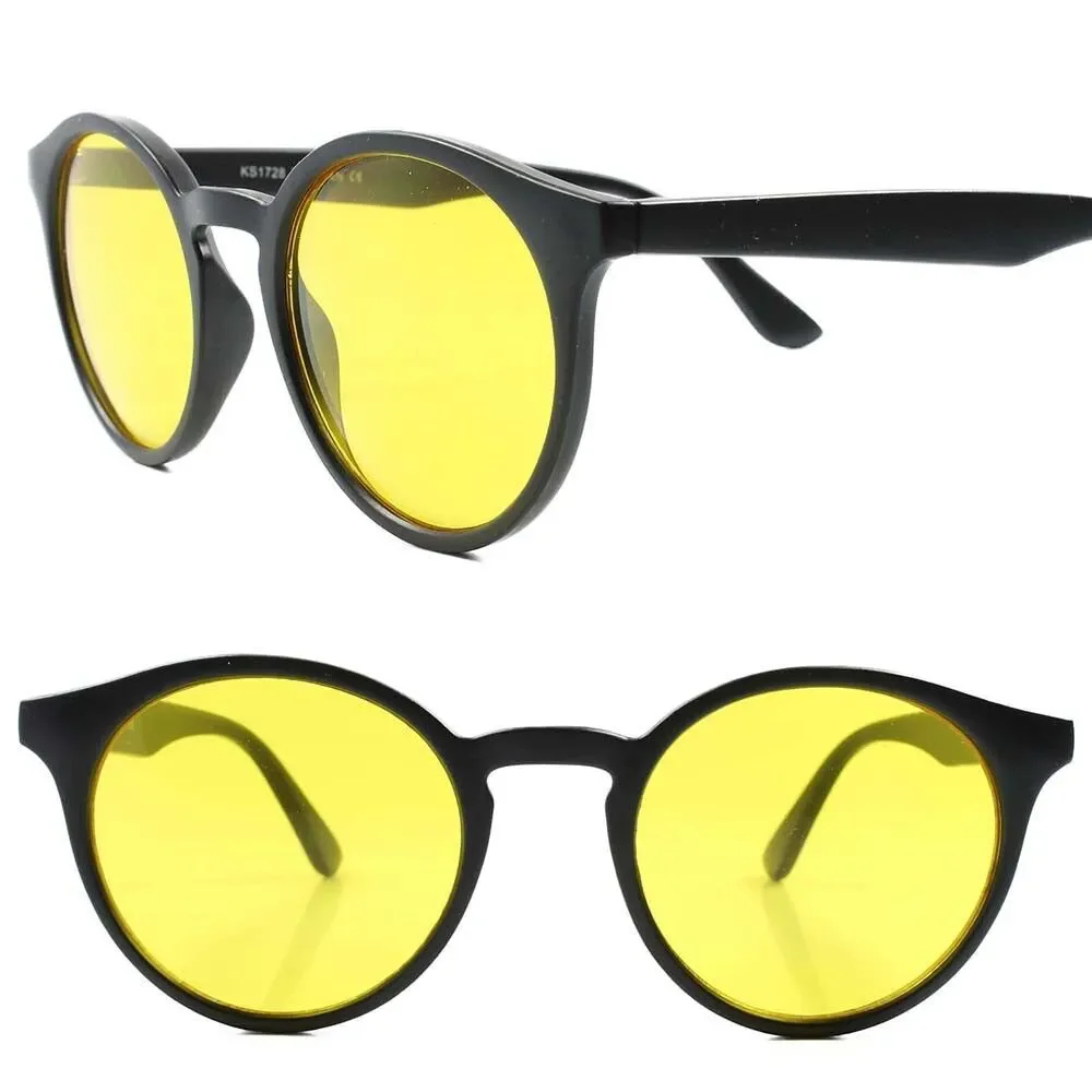 Classic Retro Old Fashioned Hip Mens Womens Black Yellow Lens Round Sunglasses